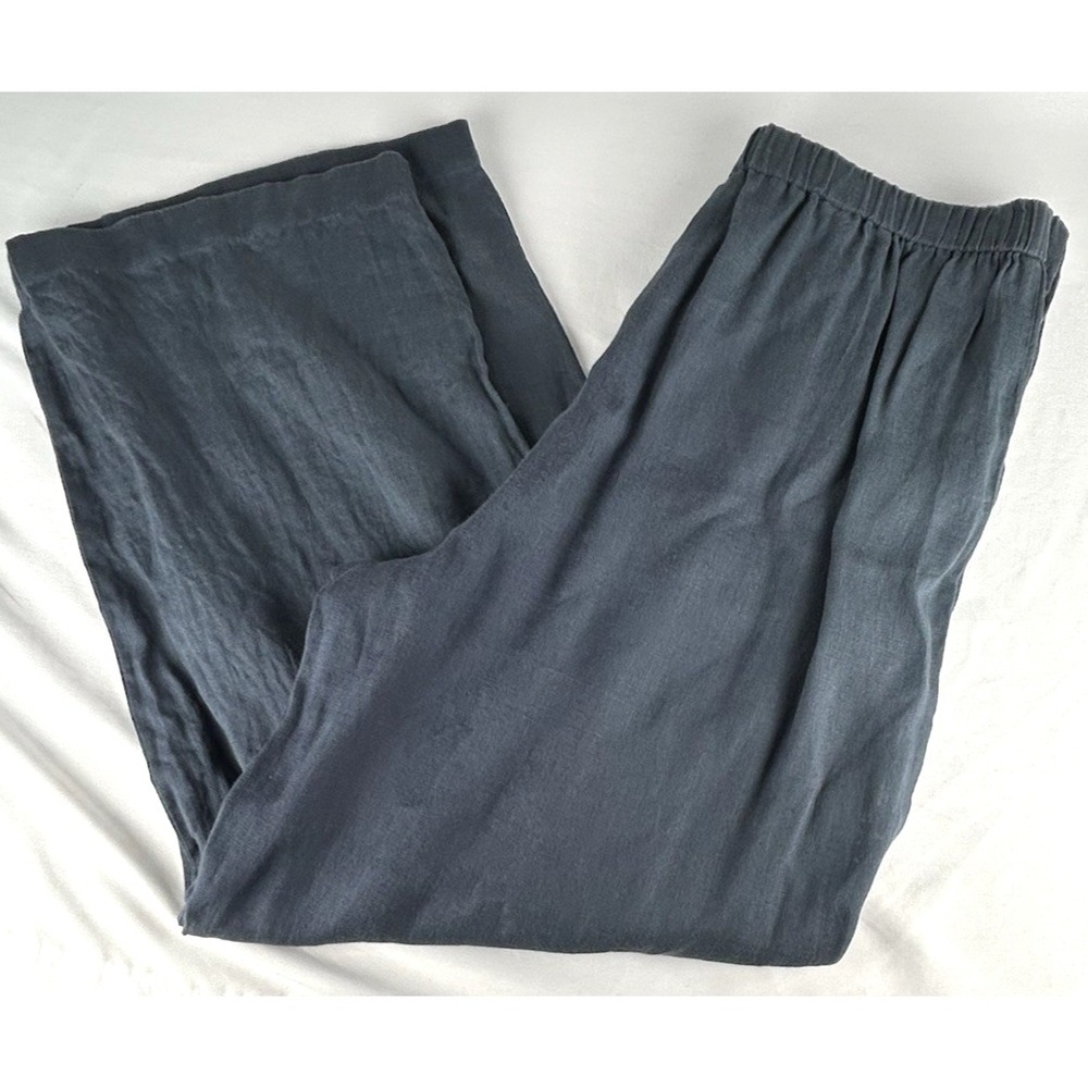 Eileen Fisher Blue 100% Irish Linen Pull On Wide Leg Ankle Pants Sz M Lagenlook